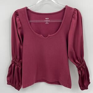 MAEVE By ANTHRO Shirt Womens Size S Burgundy Satin 3/4 Sleeve Scoop Neck